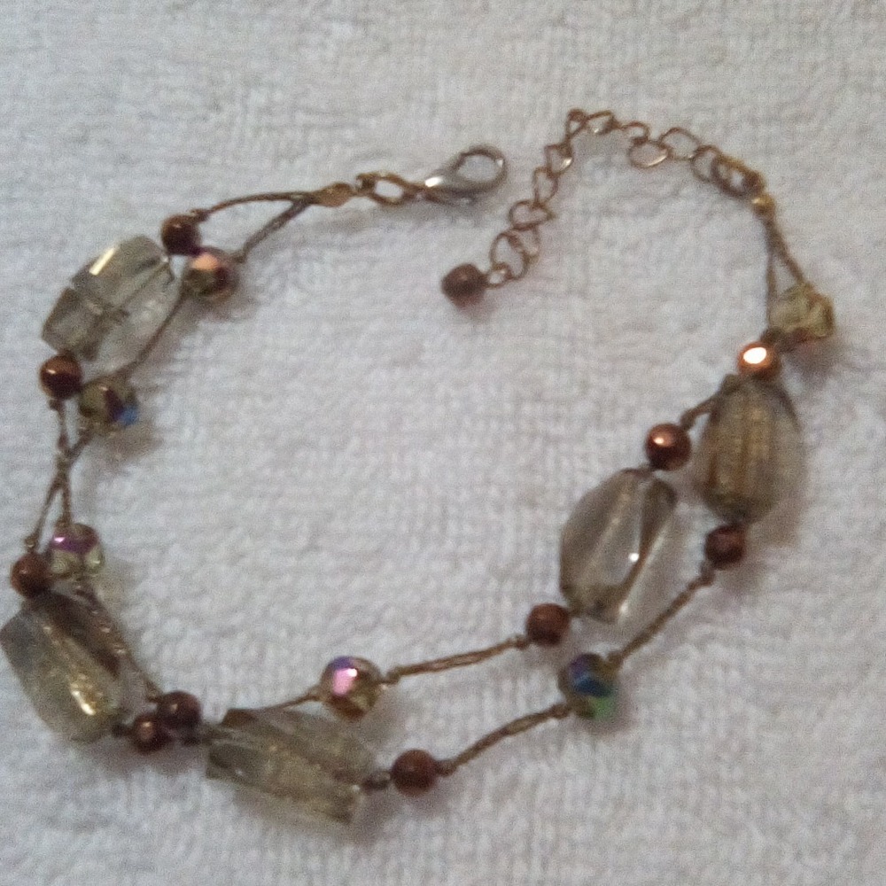Double Strand Smoky Glass Bead Bracelet Copper Iridescent Accents Boho